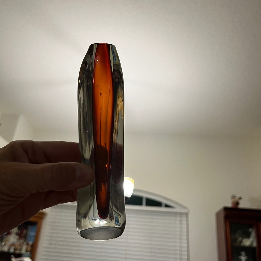 Janet Kelman 1980 Signed Studio Art Glass Bud Vase Amber Sommerso Encased Clear
